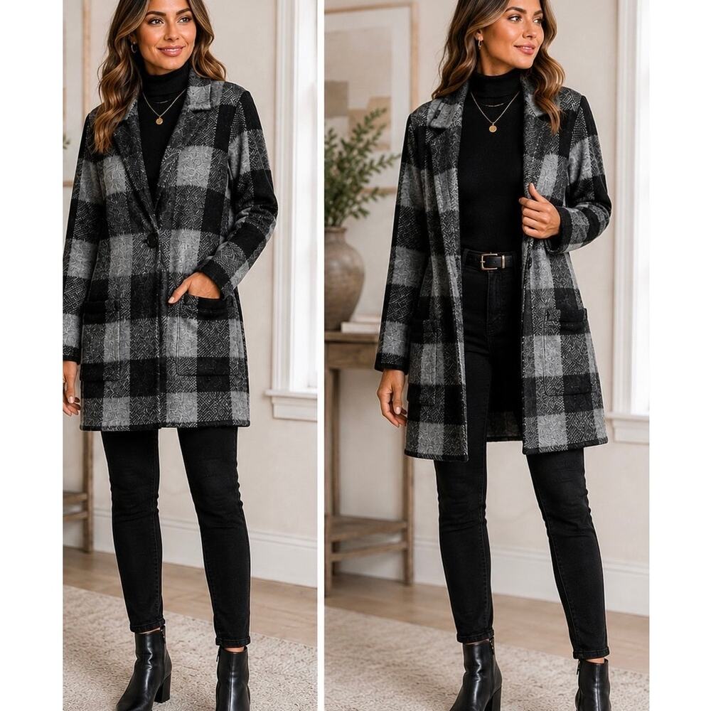 Adrienne Vittadini Wool Blend Buffalo Plaid Longline Cardigan Large Gray Black